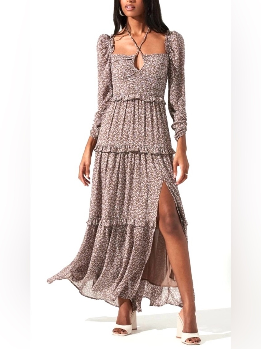Astr Smocked boho whimsy cottagecore Tiered Maxi Dress in Taupe Floral